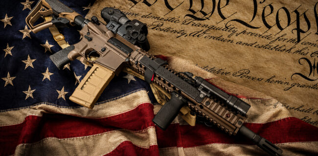 American flag, Constitution, and firearm silhouette representing America 250 and the Second Amendment