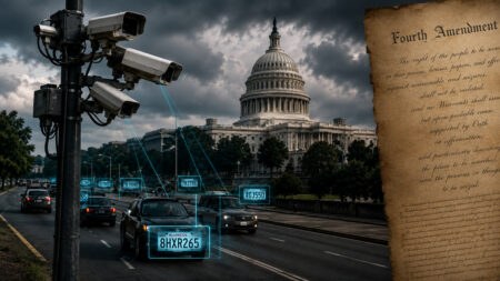 Automated license-plate reader cameras scanning traffic near the U.S. Capitol beside the Fourth Amendment