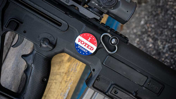 An I Voted sticker on an IWI X95 bullpup carbine in 5.56mm with an Elcan SpectreDR 1.5-6x optic on top. IMG Jim Grant