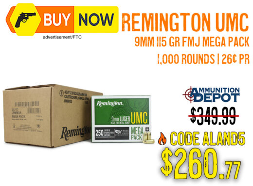 Remington UMC 9mm 115 Gr FMJ Mega Pack &acirc; $260.77 w/ Code